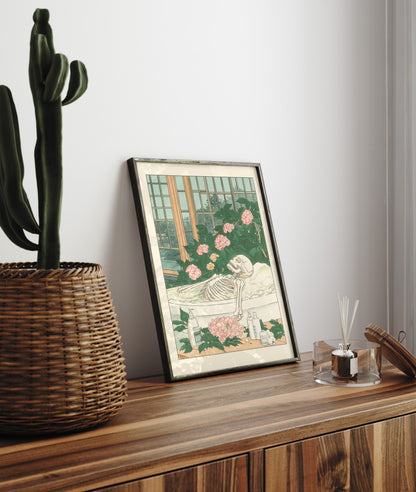 Humorous spa-themed print with a skeleton soaking in calm surroundings