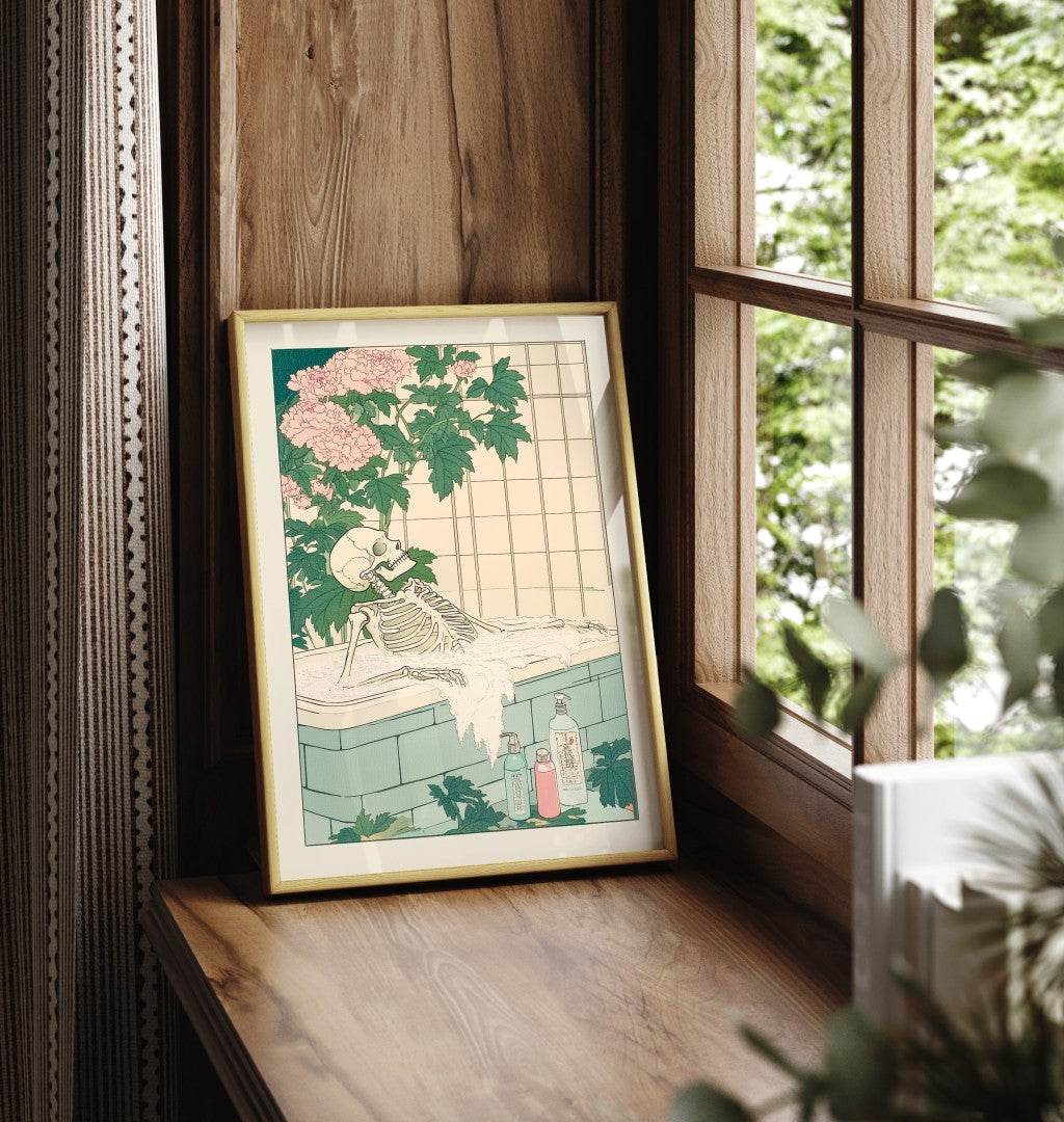 Japanese-style bathroom scene featuring a soaking skeleton