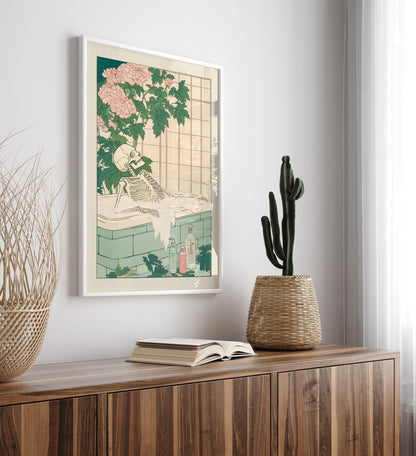 Funny skeleton wall art with floral and spa details