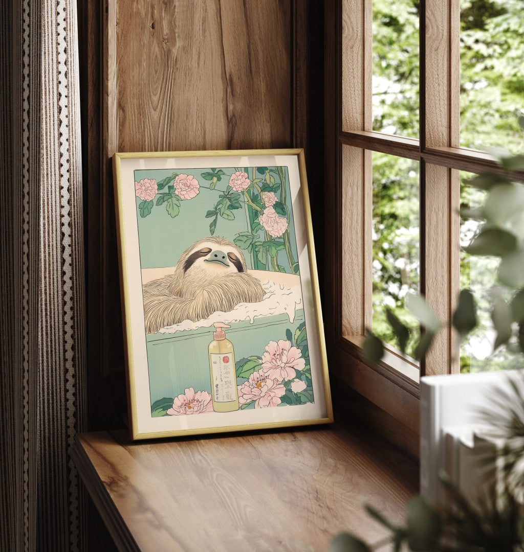 Japanese-style bath scene featuring a smiling sloth