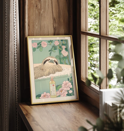 Japanese-style bath scene featuring a smiling sloth