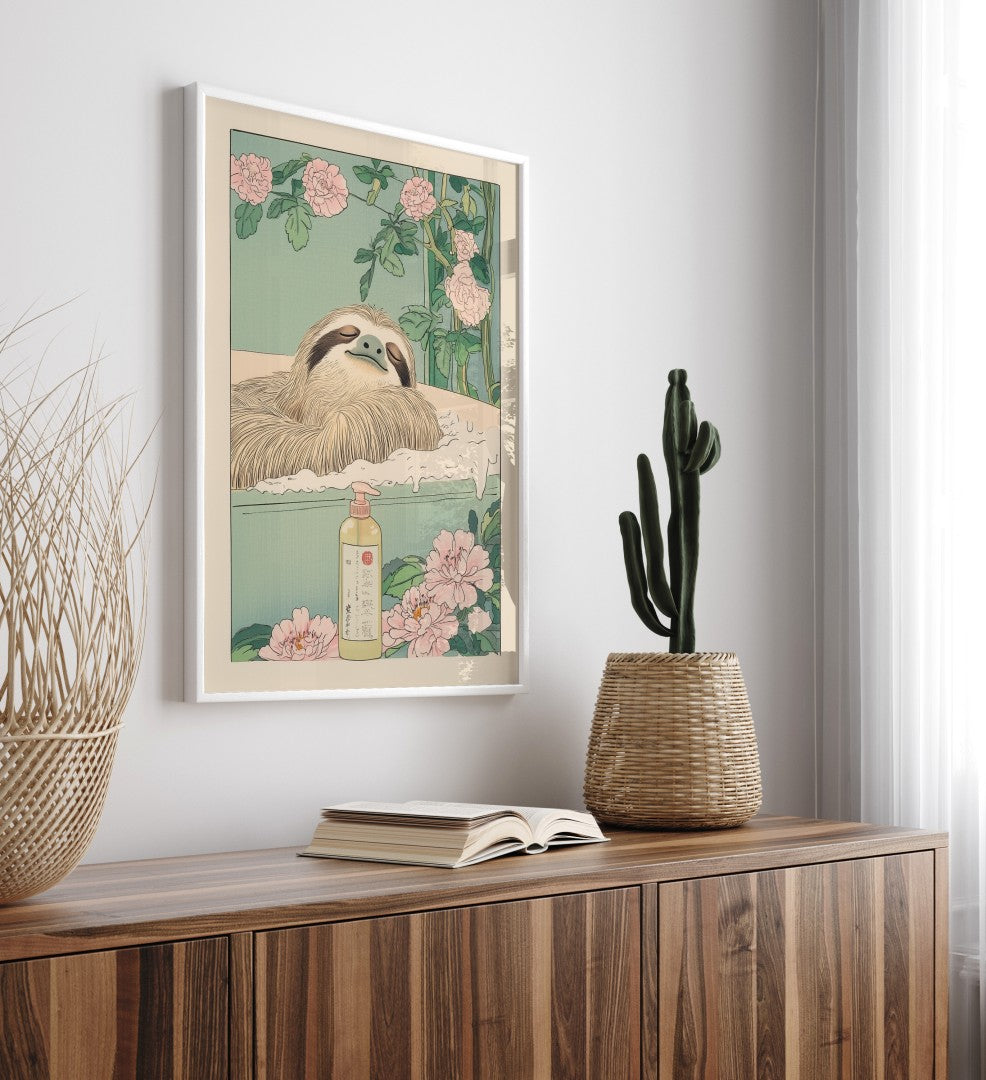 Sloth wall art with vintage tub and floral decor