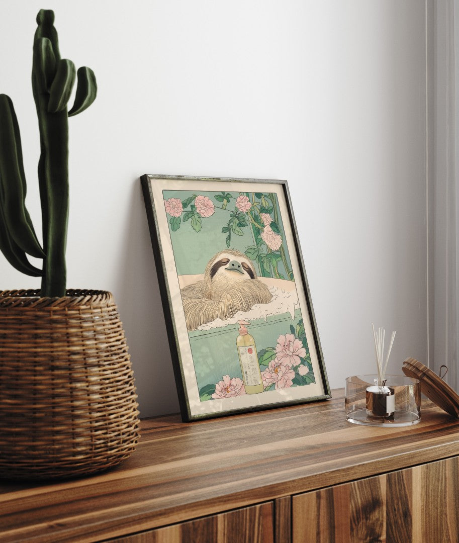 Peaceful sloth soaking in a tranquil bathroom setting