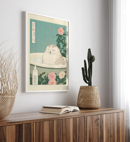 Serene owl bath art with flowers and vintage tiles