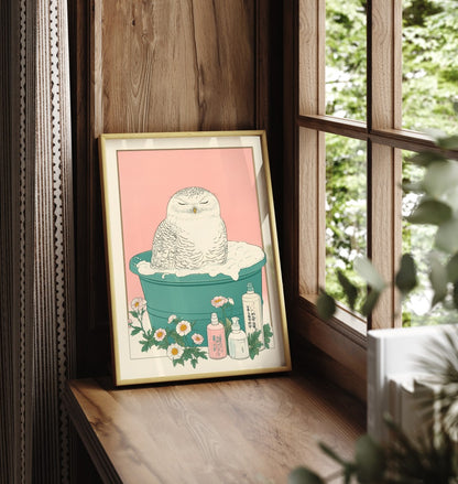 Framed snowy owl bathroom print with pastel botanicals and gentle spa vibes