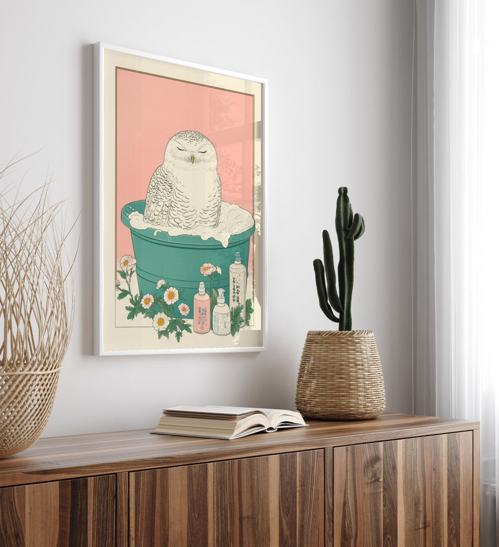 High-quality framed snowy owl bathroom wall art featuring soft florals and greenery