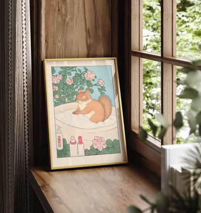 Relaxed squirrel enjoying a bubble bath in Japanese-style artwork