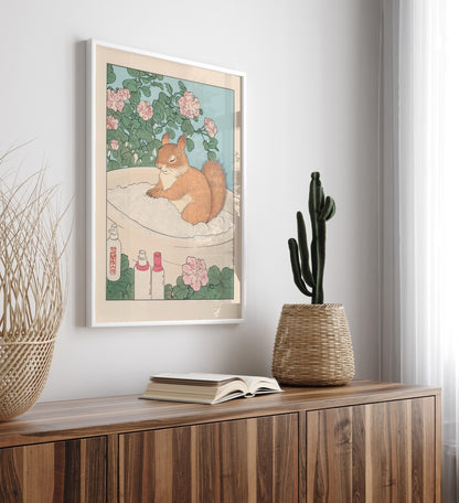 Japanese-inspired animal print featuring a bathing squirrel