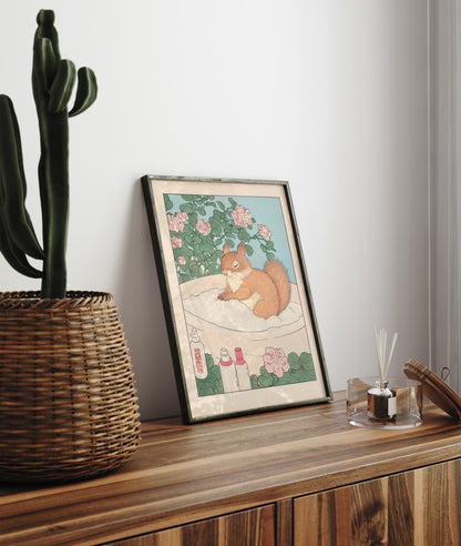 Peaceful squirrel in a tub with flower blossoms and soap bottles