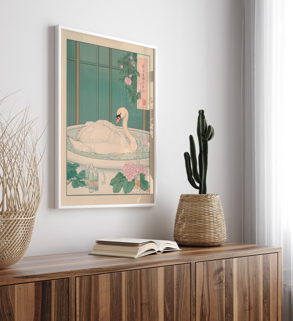 High-quality framed swan bathroom print with Japanese spa-style details