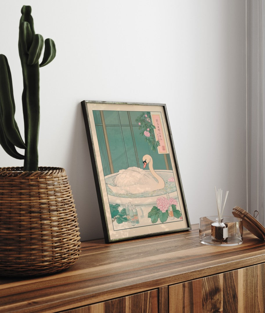 Framed bathroom decor featuring a graceful swan in a tranquil floral soak
