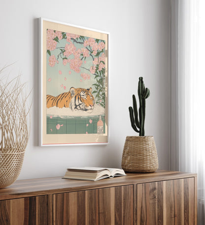 Tranquil tiger bath scene in traditional art style