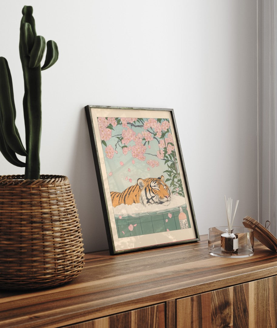 Art print of a tiger soaking with sakura flowers