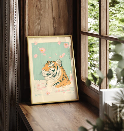 Tiger soaking among sakura petals in calm tub