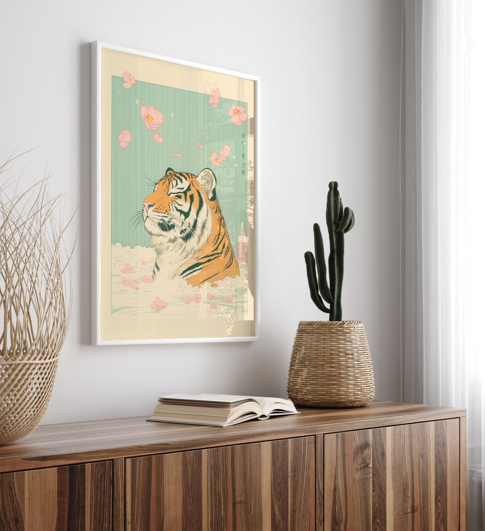 Tranquil Japanese tiger bath illustration