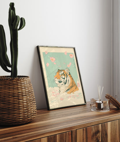 Stylized tiger bathing in soft cherry blossom scene