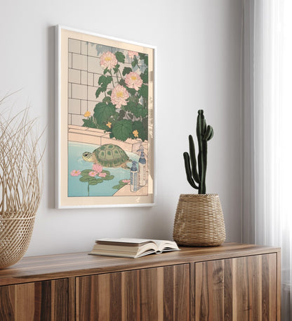 Tranquil turtle in a floral Japanese setting