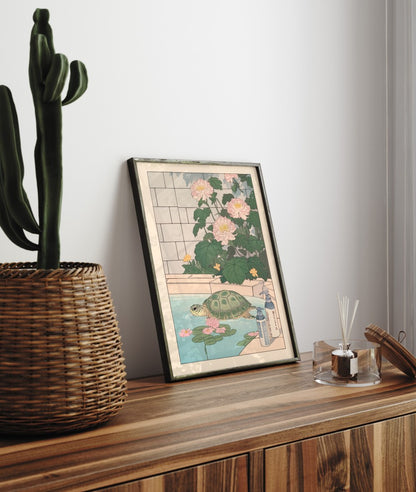 Art print of a turtle in a spa-like garden bath