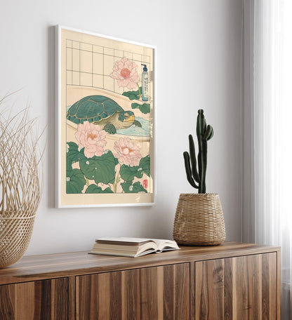 Soft green turtle in spa-like setting