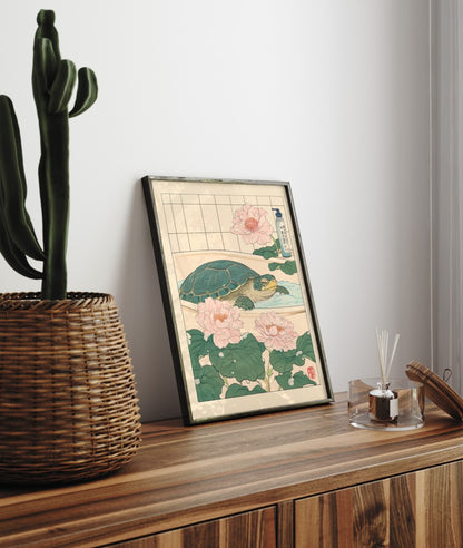 Minimalist bath print featuring turtle and blossoms