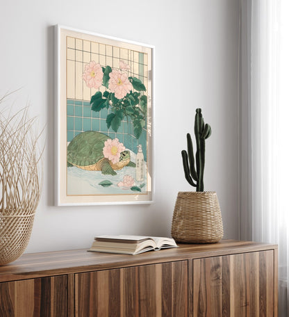 Tranquil turtle soaking scene in floral Japanese art style