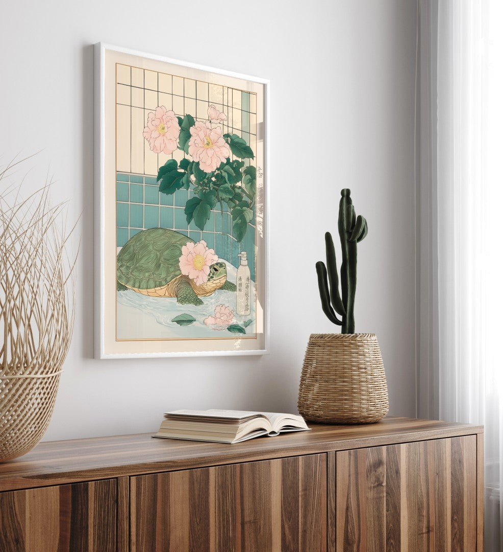 Tranquil turtle soaking scene in floral Japanese art style