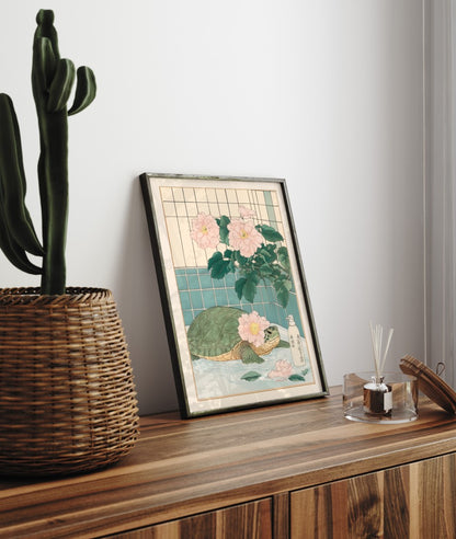 Art print featuring a peaceful turtle and delicate petals
