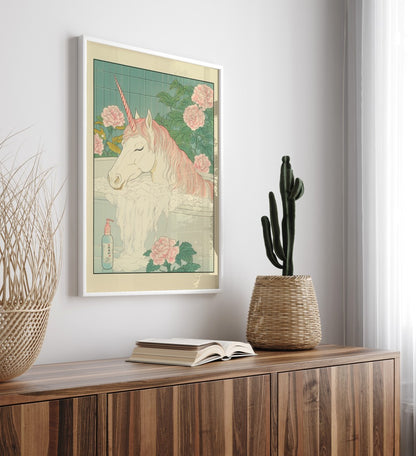 Framed art print of fantasy unicorn resting in bubbles