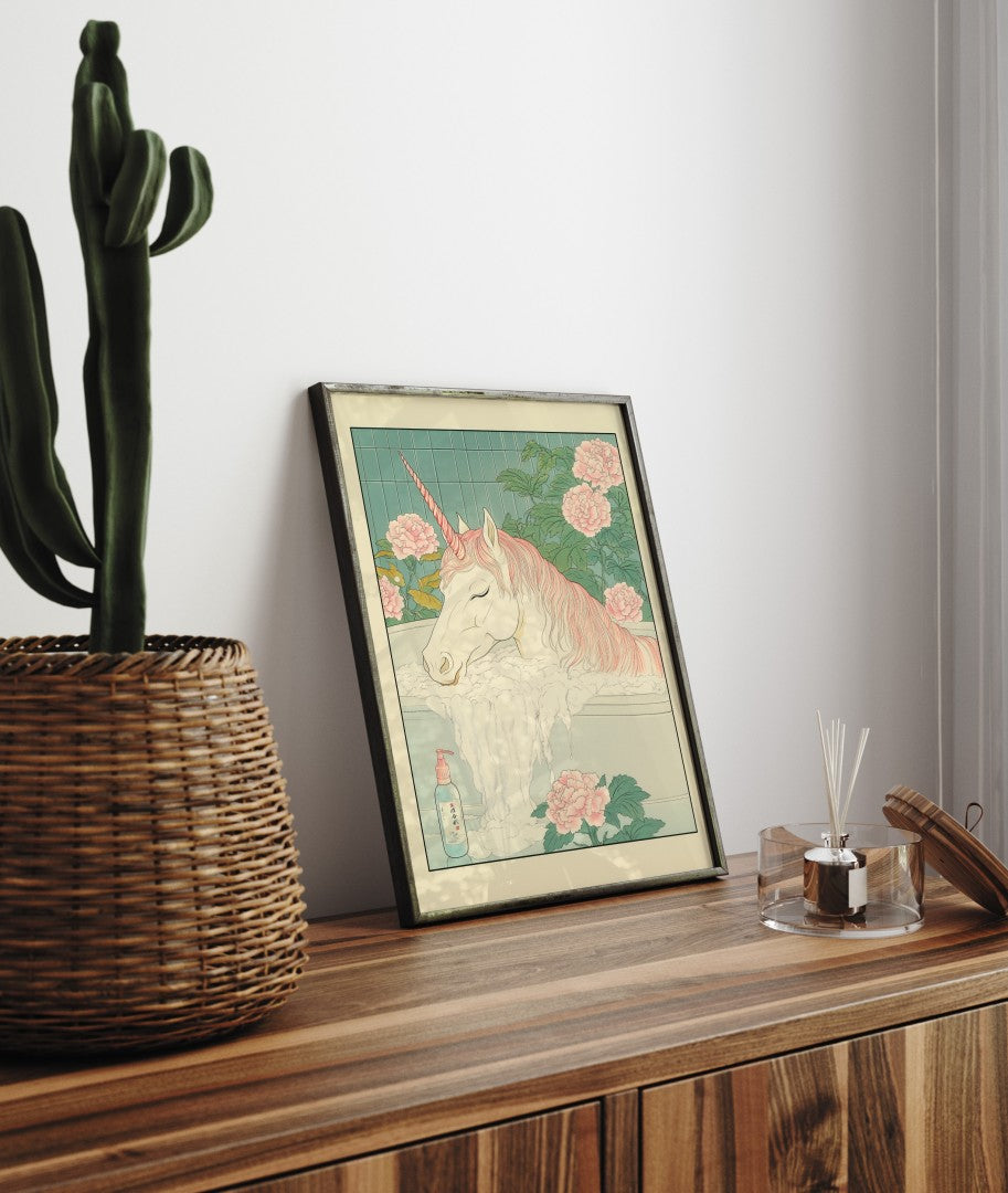 Framed art print featuring unicorn with peonies in bath