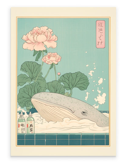 An art print showing a whale resting in a tiled bath with peonies