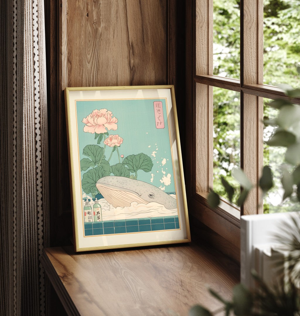 Framed art print of whale soaking in Japanese-style tub