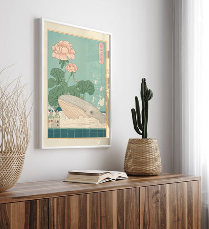 Framed art print with whale and soft florals in bath
