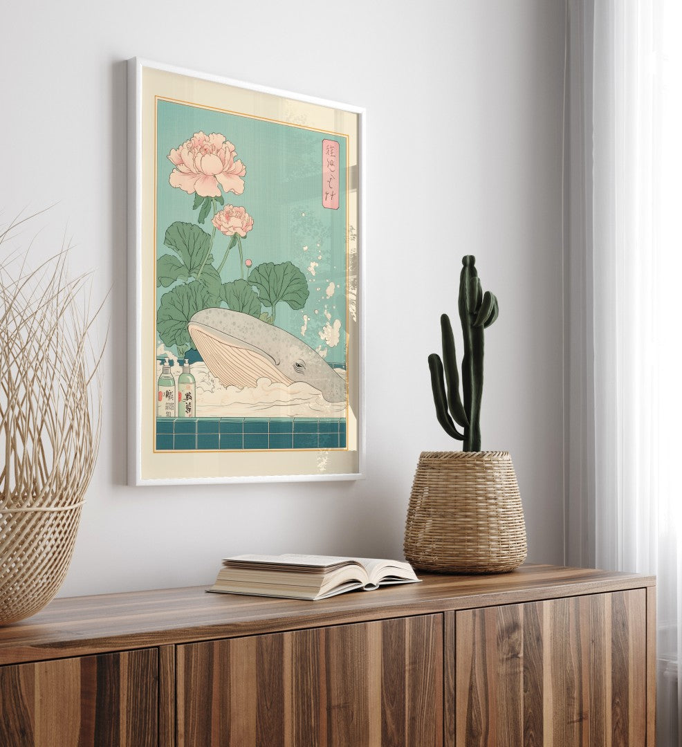Framed art print with whale and soft florals in bath