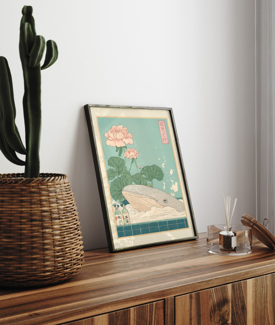 Framed whale bath scene with bubbles and flowers