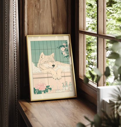 Framed art print of wolf in bath with gentle flowers