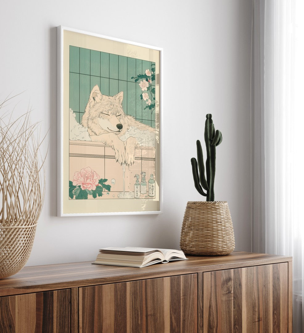 Framed art featuring relaxed wolf soaking in tub