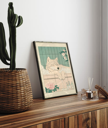 Framed wolf bath scene in calm Japanese style
