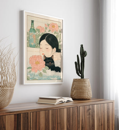Framed art print of peaceful girl-and-cat bathing scene