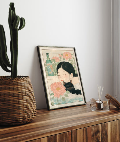 Cat-and-human bath scene in tranquil Japanese art style