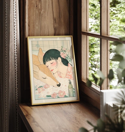 Framed print of relaxing bath scene with girl and deer
