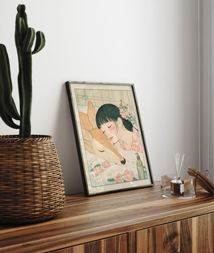 Framed bath scene showing gentle bond between human and animal