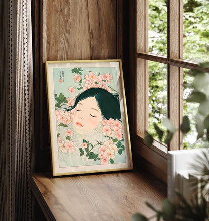 Framed Japanese-style bath print with girl and petals