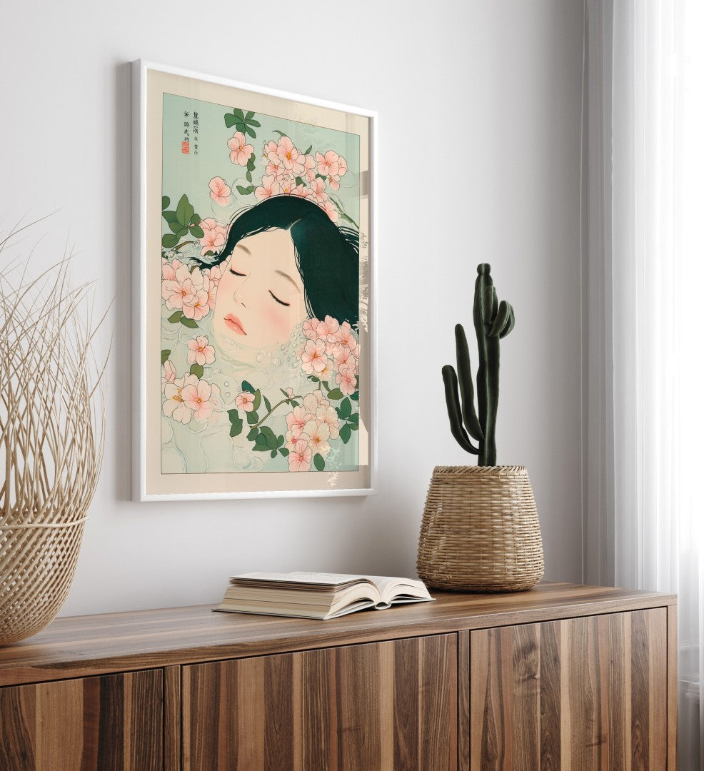 Framed art of floral bath scene with floating woman