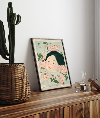Framed peaceful bath illustration with blossoms and water