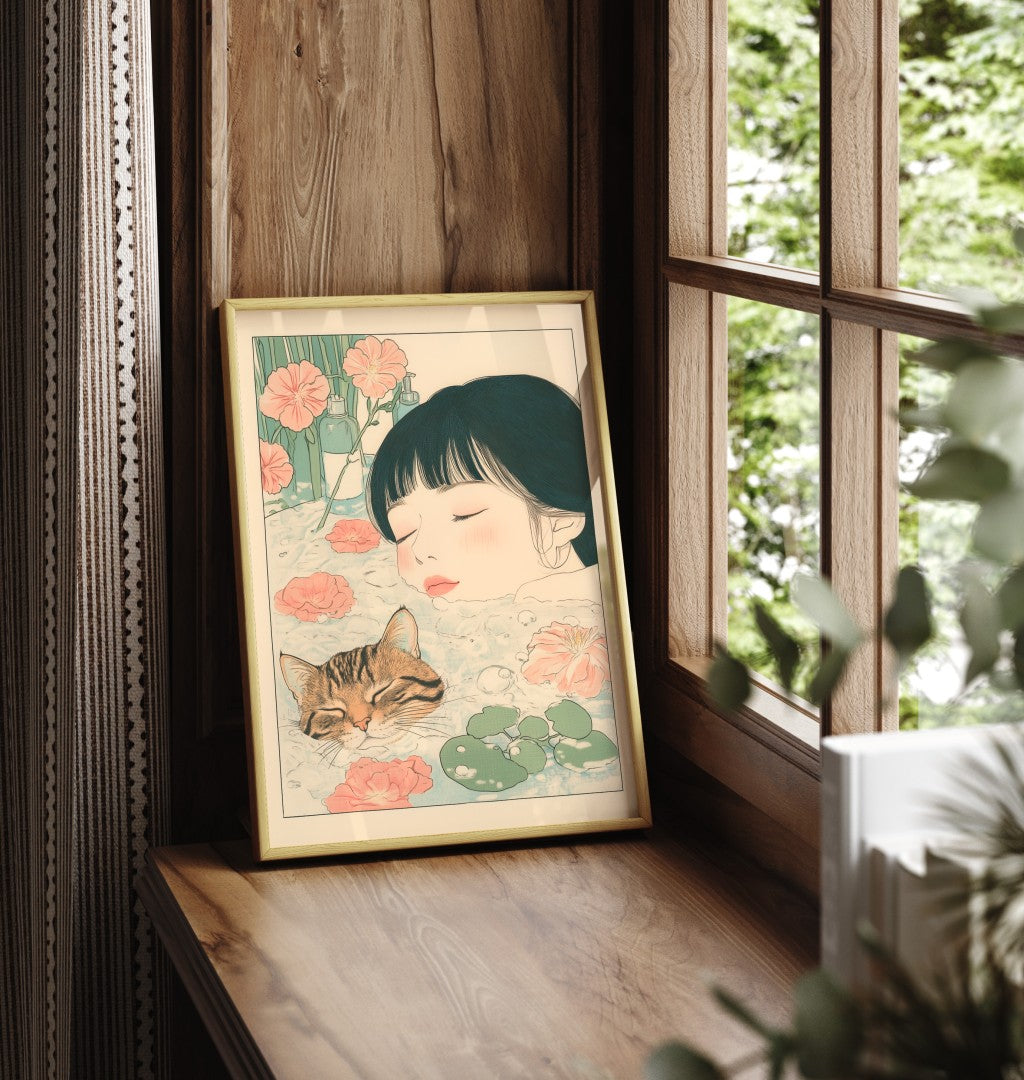 Framed Japanese-style art print of a cat and girl in a calm bath