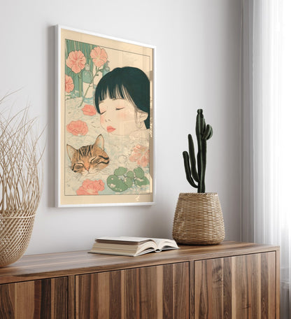 Framed print of a serene cat and girl sharing a floral bath