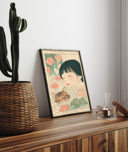 Japanese-inspired artwork of a floating girl and cat in a bath