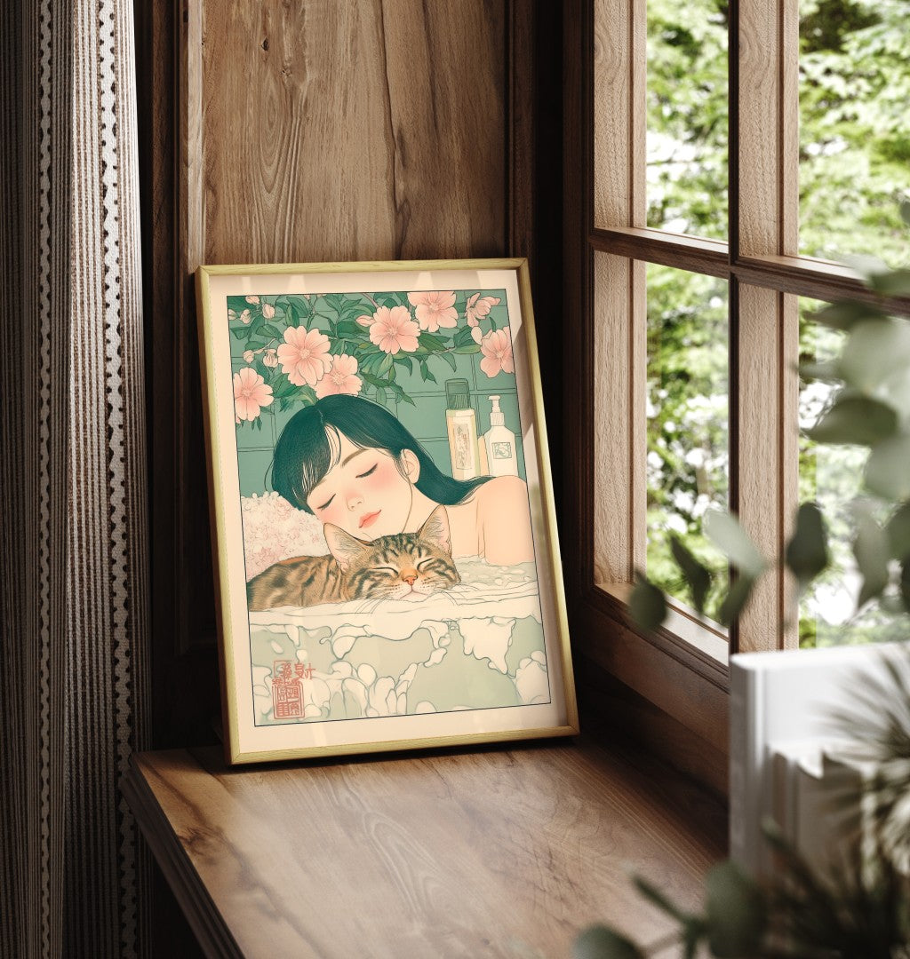 Framed Japanese-inspired illustration of a serene bath scene with girl and cat among petals