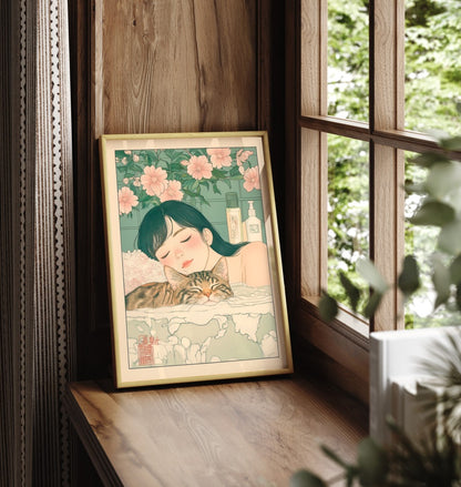 Framed Japanese-inspired illustration of a serene bath scene with girl and cat among petals
