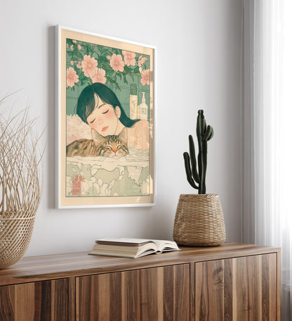 Framed art print showing a relaxed girl and cat soaking in calm, petal-drifted bathwater